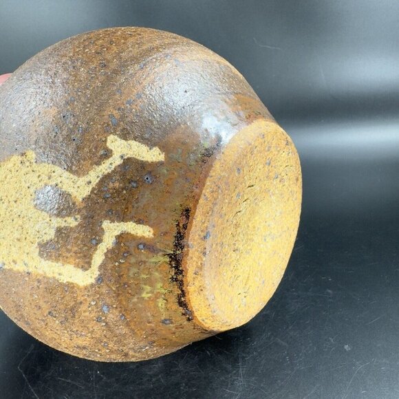 1997 Hand Made Primitive Style Pottery Vase Vessel Carved Brown Drip Glaze Vase - Picture 11 of 16